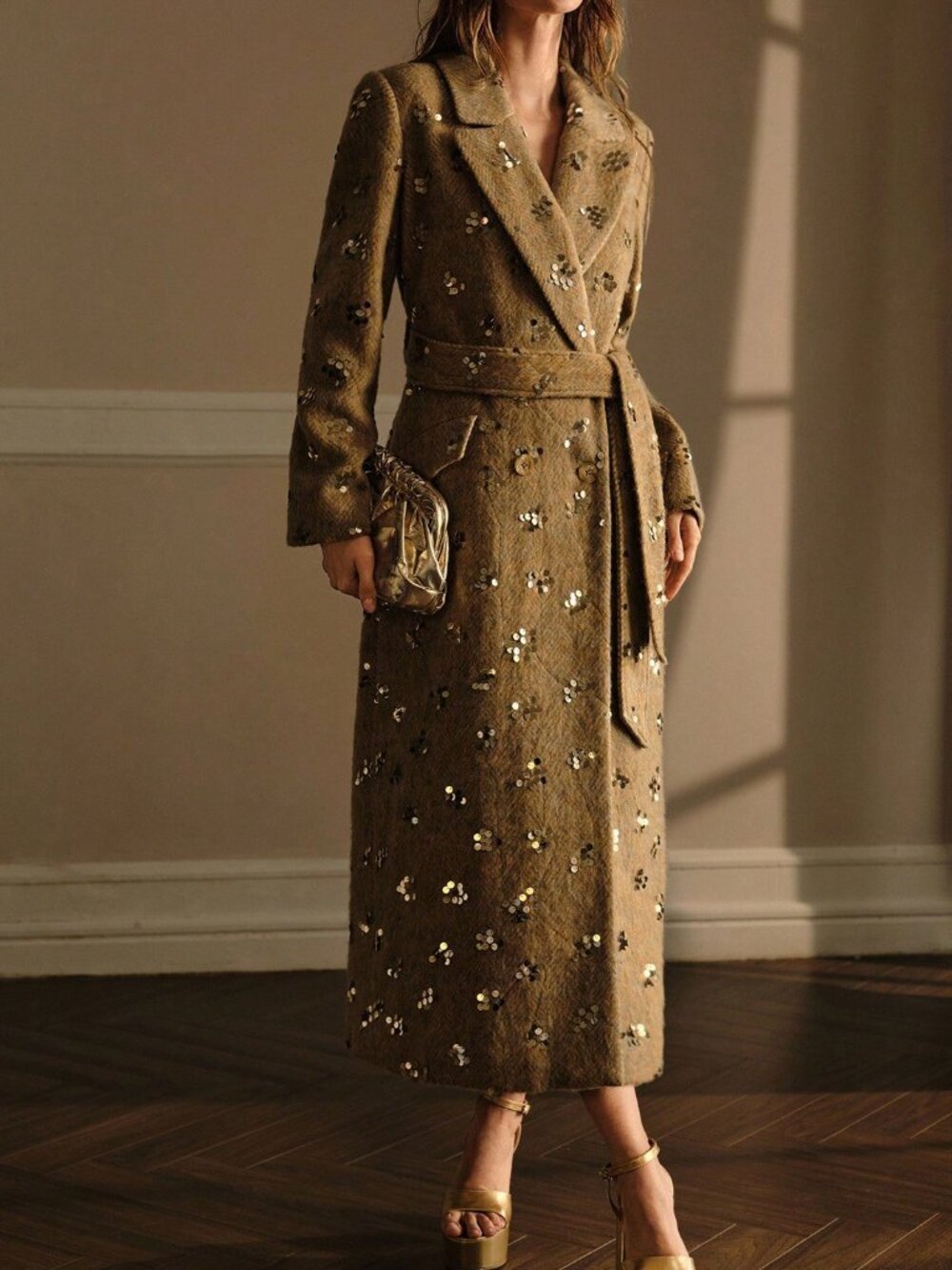 Yellow Elegant Women's Loose Long Lapel Collar Double Breasted Overcoat - Picture 6 of 7